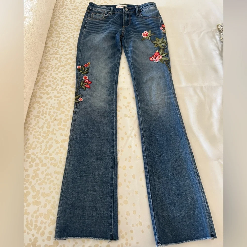 DRIFTWOOD Blue Boot Cut Jeans with Pink Floral Embroidery - Picture 4 of 11